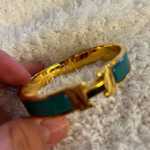 Hermes H Chic Gold and Teal Enamel Bracelet - Picture 3 of 5